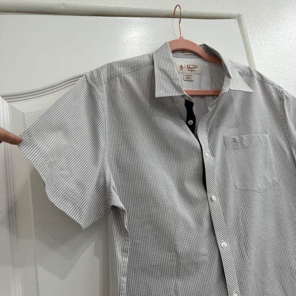 Original Penguin Short Sleeve Button Down Mens Shirt - Tan/Grey Gingham - XL - Picture 4 of 8
